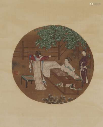 A CHINESE FIGURE PAINTING ON SILK, HANGING SCROLL, ANONYMOUS