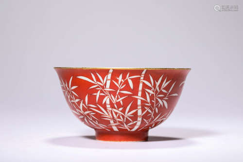A CORAL RED GROUND WITH RESERVED WHITE BAMBOO BOWL