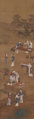 A CHINESE FIGURE PAINTING ON SILK, HANGING SCROLL, QIU YING