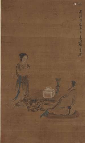 A CHINESE FIGURE PAINTING ON SILK, HANGING SCROLL, CHEN HONG...