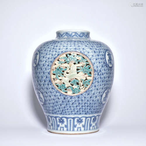 BLUE AND WHITE CRANE VASE