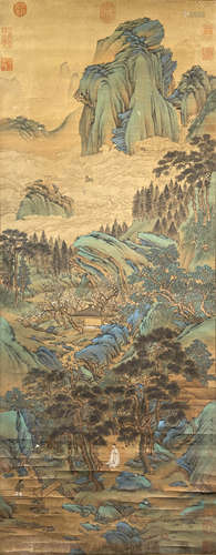 LANDSCAPE SILK PAINTING HANGING SCROLL, QIU YING MARK