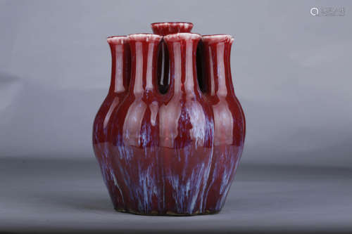 A FLAMBE-GLAZED NINE-TUBE VASE