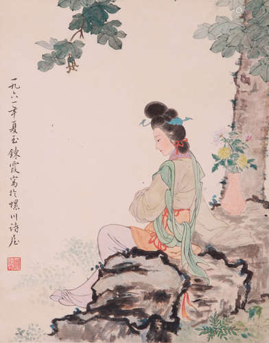 A CHINESE LADY PAINTING, INK AND COLOR ON PAPER, MOUNTED, ZH...