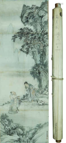 A CHINESE FIGURE PAINTING, INK AND COLOR ON PAPER, HANGING S...