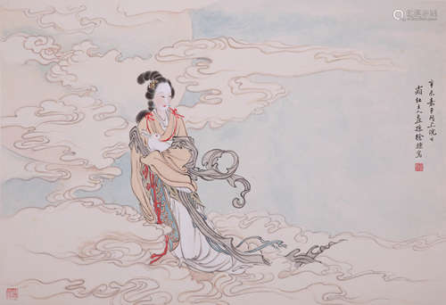 A CHINESE CHANG'E PAINTING, INK AND COLOR ON PAPER, MOUNTED,...