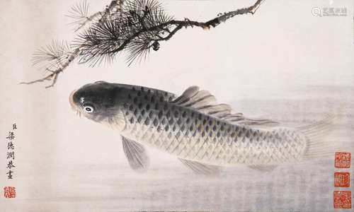 A CHINESE FISH PAINTING, INK AND COLOR ON PAPER, MOUNTED, LI...