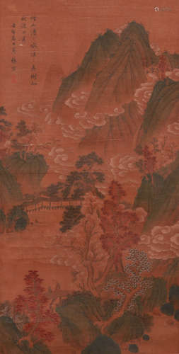 A CHINESE LANDSCAPE PAINTING, INK AND COLOR ON SILK, HANGING...