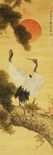 A CHINESE CRANE PAINTING, INK AND COLOR ON SILK, HANGING SCR...