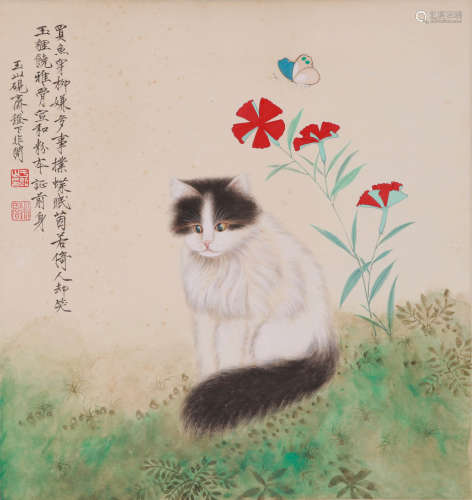 A CHINESE CAT PAINTING, INK AND COLOR ON PAPER, MOUNTED, YU ...