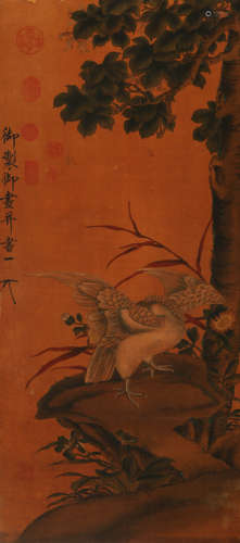 A CHINESE EAGLE PAINTING, INK AND COLOR ON SILK, HANGING SCR...