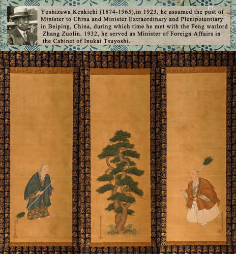 A SET OF THREE PINE AND FIGURE PAINTINGS, HANGING SCROLL, TE...