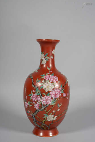 A CORAL-RED-GROUND FAMILLE ROSE VASE