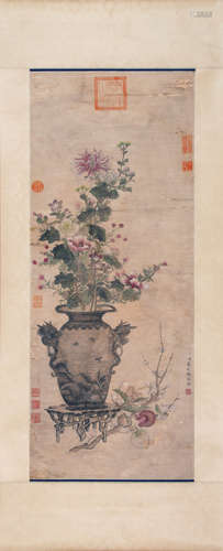 A CHINESE FLOWER PAINTING, INK AND COLOR ON SILK, MOUNTED, J...