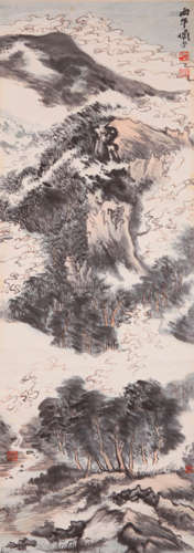 A CHINESE LANDSCAPE PAINTING, INK AND COLOR ON PAPER, MOUNTE...