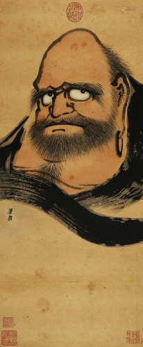 A CHINESE BODHIDHARMA PAINTING, INK AND COLOR ON PAPER, HANG...