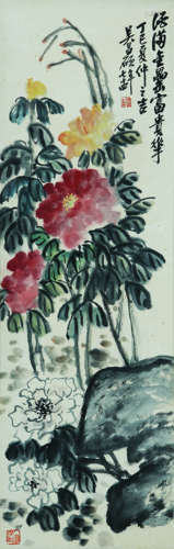 A CHINESE FLOWER PAINTING, INK AND COLOR ON PAPER, HANGING S...