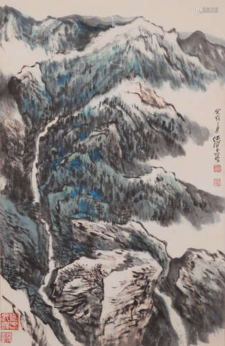 A CHINESE LANDSCAPE PAINTING, INK AND COLOR ON PAPER, HANGIN...