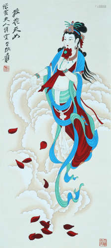 A CHINESE LADY PAINTING, INK AND COLOR ON PAPER, HANGING SCR...