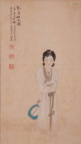 A CHINESE LADY PAINTING, INK AND COLOR ON PAPER, HANGING SCR...