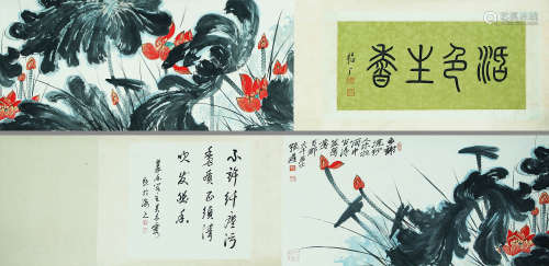 A CHINESE LOTUS PAINTING, INK AND COLOR ON PAPER, HANDSCROLL...