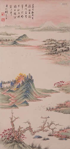 A CHINESE LANDSCAPE PAINTING, INK AND COLOR ON PAPER, MOUNTE...