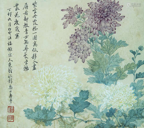 A CHINESE FLOWER PAINTING, INK AND COLOR ON PAPER, HANGING S...