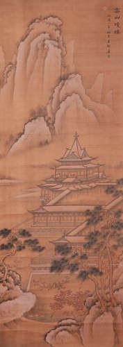 A CHINESE LANDSCAPE PAINTING, INK AND COLOR ON SILK, HANGING...