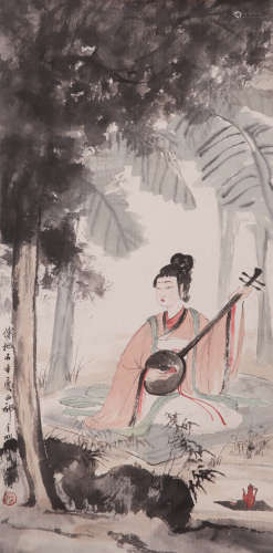 A CHINESE LADY PAINTING, INK AND COLOR ON PAPER, HANGING SCR...