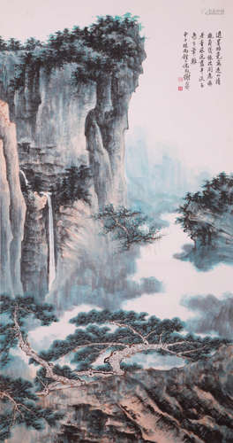 A CHINESE LANDSCAPE PAINTING, INK AND COLOR ON PAPER, HANGIN...