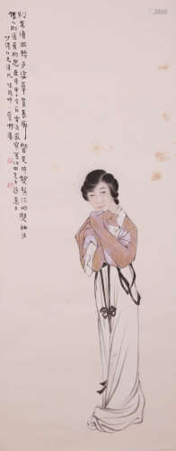 A CHINESE LADY PAINTING, INK AND COLOR ON PAPER, HANGING SCR...