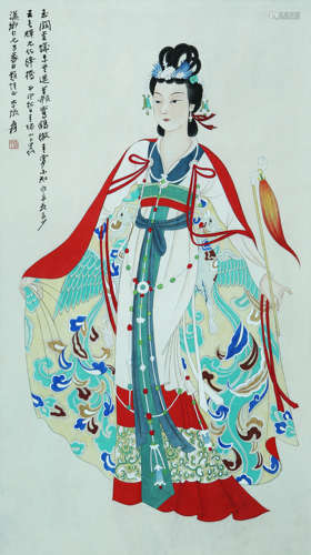 A CHINESE LADY PAINTING, INK AND COLOR ON PAPER, HANGING SCR...