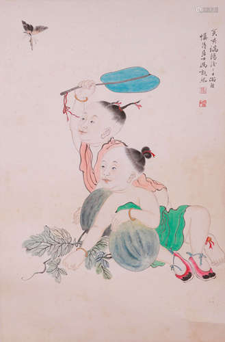 A CHINESE CHILDREN PAINTING, INK AND COLOR ON PAPER, MOUNTED...