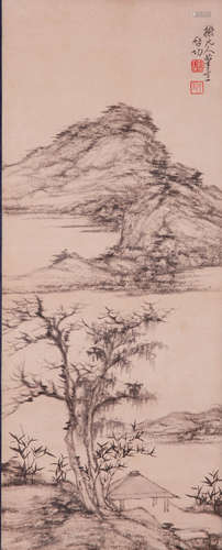 A CHINESE LANDSCAPE PAINTING, INK AND COLOR ON PAPER, MOUNTE...