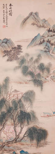A CHINESE LANDSCAPE PAINTING, INK AND COLOR ON PAPER, MOUNTE...