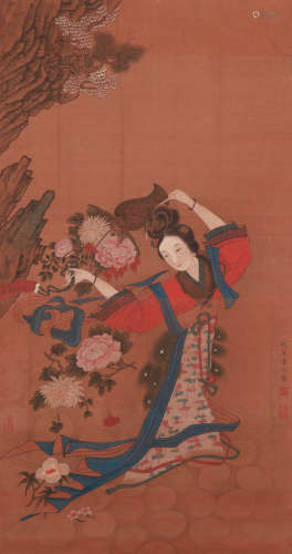 A CHINESE LADY PAINTING, INK AND COLOR ON SILK, HANGING SCRO...