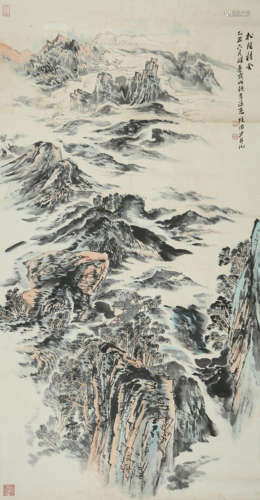 A CHINESE LANDSCAPE PAINTING, INK AND COLOR ON PAPER, MOUNTE...