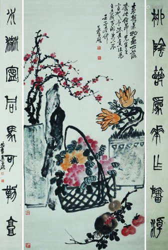 A CHINESE OFFERING PAINTING, INK AND COLOR ON PAPER, HANGING...