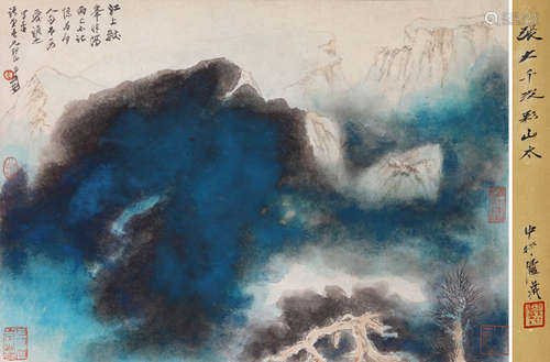 A CHINESE LANDSCAPE PAINTING, INK AND COLOR ON PAPER, MOUNTE...