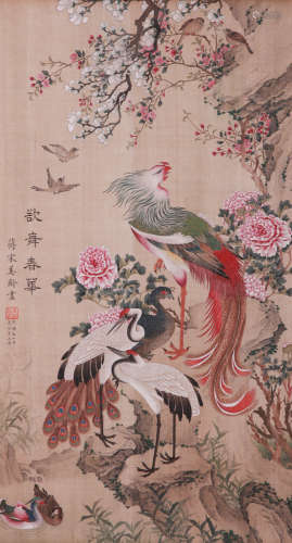 A CHINESE FLOWER AND BIRD PAINTING, INK AND COLOR ON SILK, H...