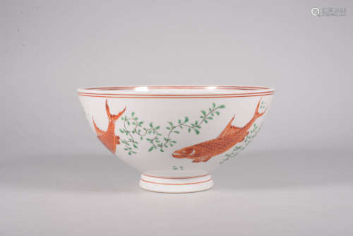 A RED AND GREEN-ENAMELED FISH BOWL