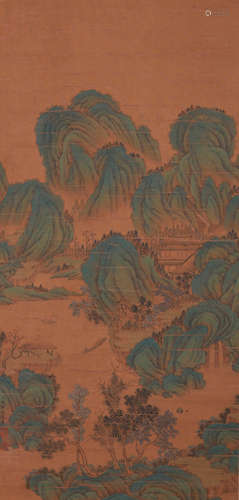 A CHINESE LANDSCAPE PAINTING, INK AND COLOR ON SILK, HANGING...