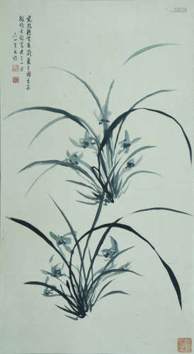 A CHINESE ORCHID PAINTING, INK ON PAPER, MOUNTED, ZHOU TIANQ...