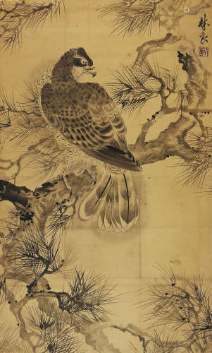A CHINESE EAGLE PAINTING, INK ON PAPER, HANGING SCROLL, LIN ...