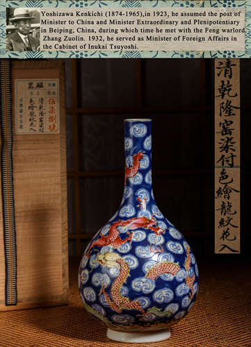 A BLUE AND WHITE FAMILLE ROSE DRAGON BOTTLE VASE