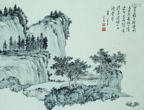 A CHINESE LANDSCAPE PAINTING, INK AND COLOR ON SILK, HANGING...