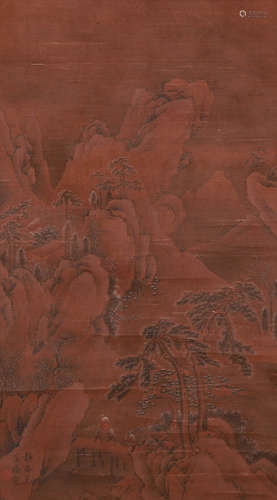 A CHINESE LANDSCAPE PAINTING, INK AND COLOR ON SILK, HANGING...