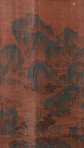 A CHINESE LANDSCAPE PAINTING, INK AND COLOR ON SILK, HANGING...