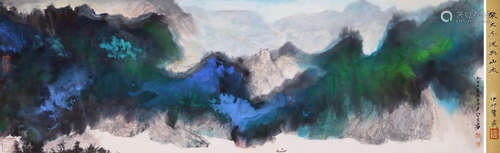 A CHINESE LANDSCAPE PAINTING, INK AND COLOR ON PAPER, MOUNTE...