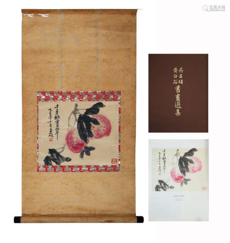 A CHINESE PEACH PAINTING, INK AND COLOR ON SILK, HANGING SCR...